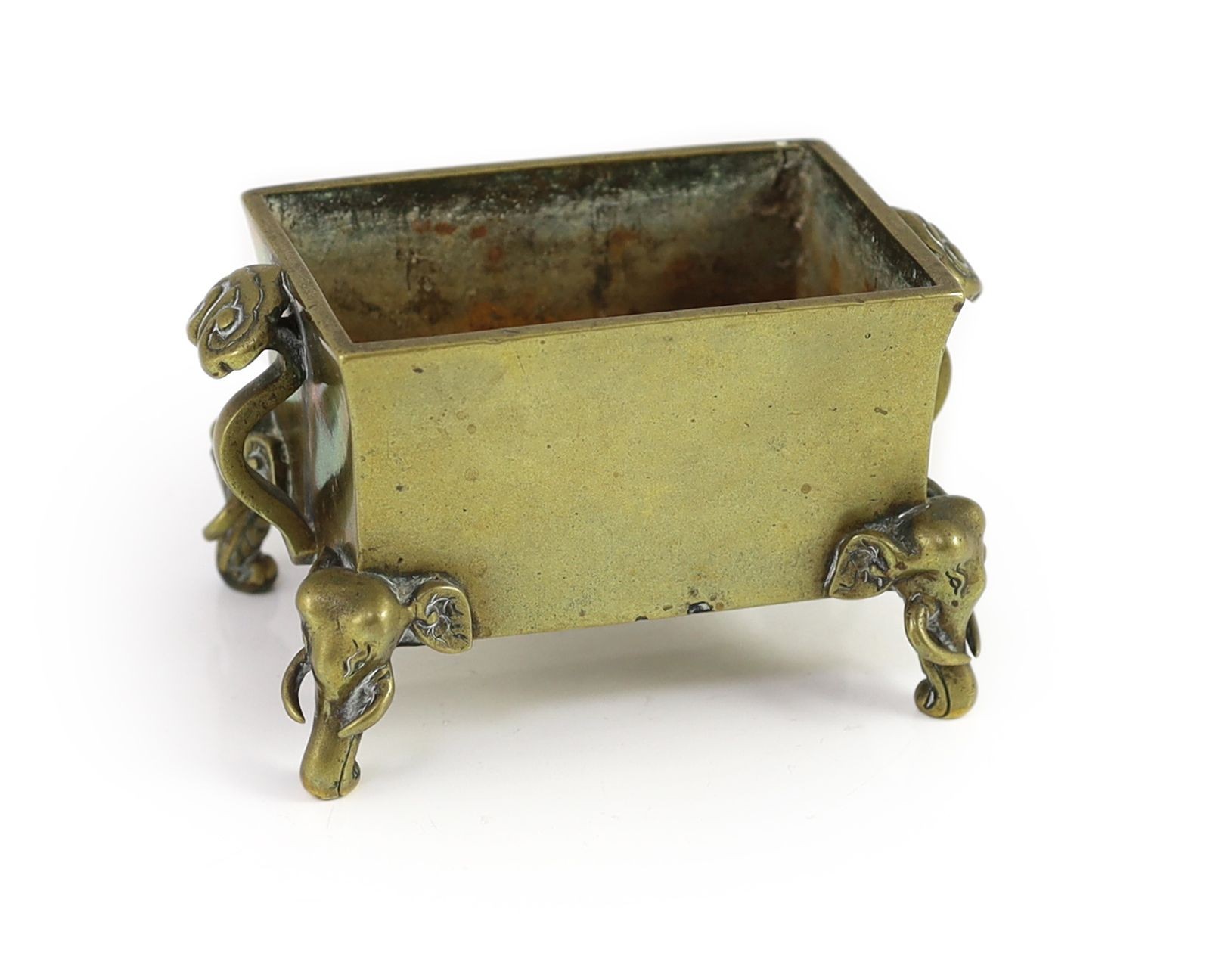 A Chinese polished bronze censer, fangding, Xuande mark, 19th century, 13.5cm wide
